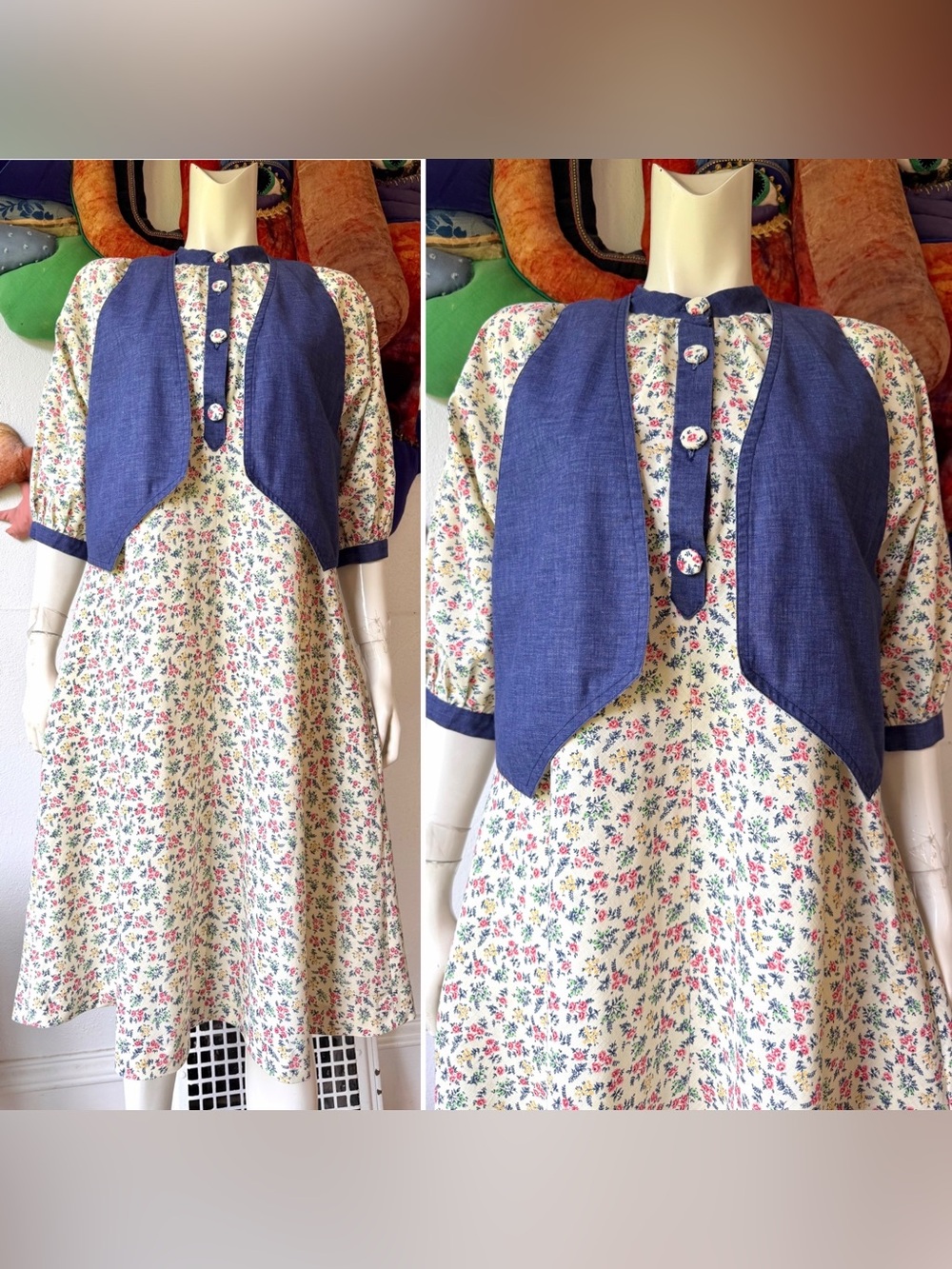 Vintage 1970s 1980s PRAIRIE SET Two Piece Dress & Vest Set Ensemble Calico Boho